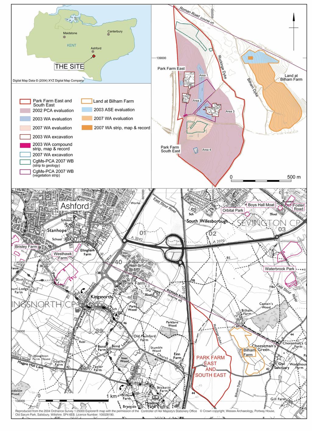 Figure 1: Location and topography of the site with main areas of