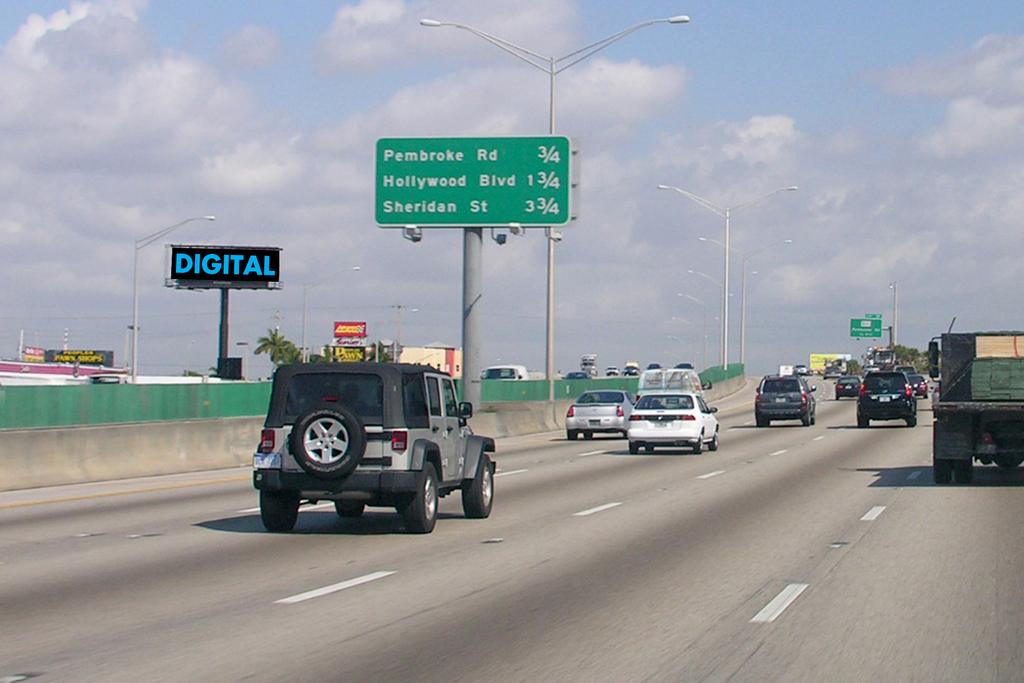 166 Dimensions: 14' x 48' Zip: 33009 Facing: S Demo In Market Total 18+ yrs 327,147 356,681 This digital display shows to northbound traffic on Interstate 95 in Broward