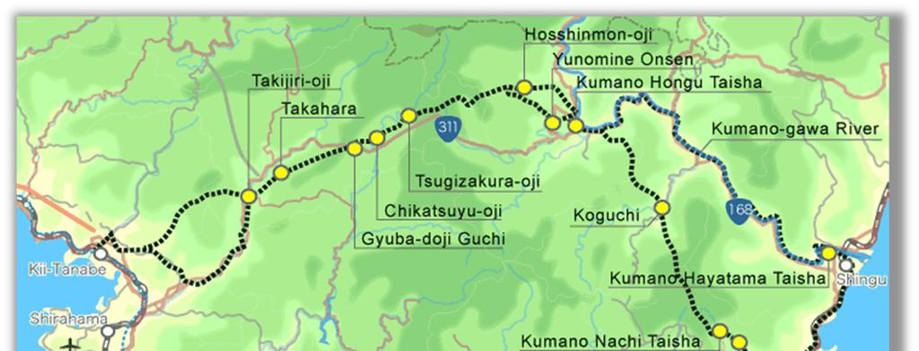 ITINERARY Kumano Kodo Trek, Kumano Hongu Taisha to Kumano Nachi Taisha Length of trip: 4 day, 3 nights Start : Kyoto/Osaka Finish : Katsuura Overnight: Yunomine Onsen, Koguchi, Nachi Total Walking