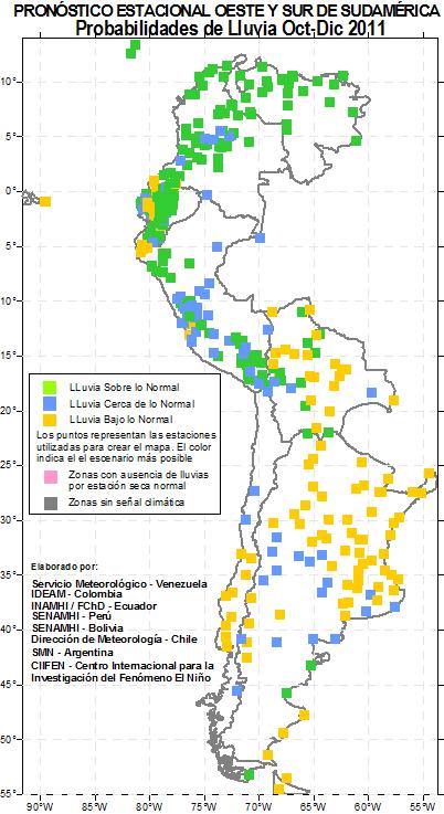Regional rainfall forecast October - December 2011 Sources: (CIIFEN), International research centre on el Niño Venezuela: More probabilities of precipitation above normal levels in most of the