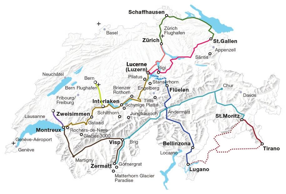 Trai/Route GLACIER EXPRESS 1 St Moritz/Davos-Chur-Adermatt-Brig-Zermatt or vice versa GOLDEN PASS 2 Motreux-Zweisimme-Iterlake-Lucere or vice versa BERNINA EXPRESS Chur-St Moritz- Tirao-Lugao or vice