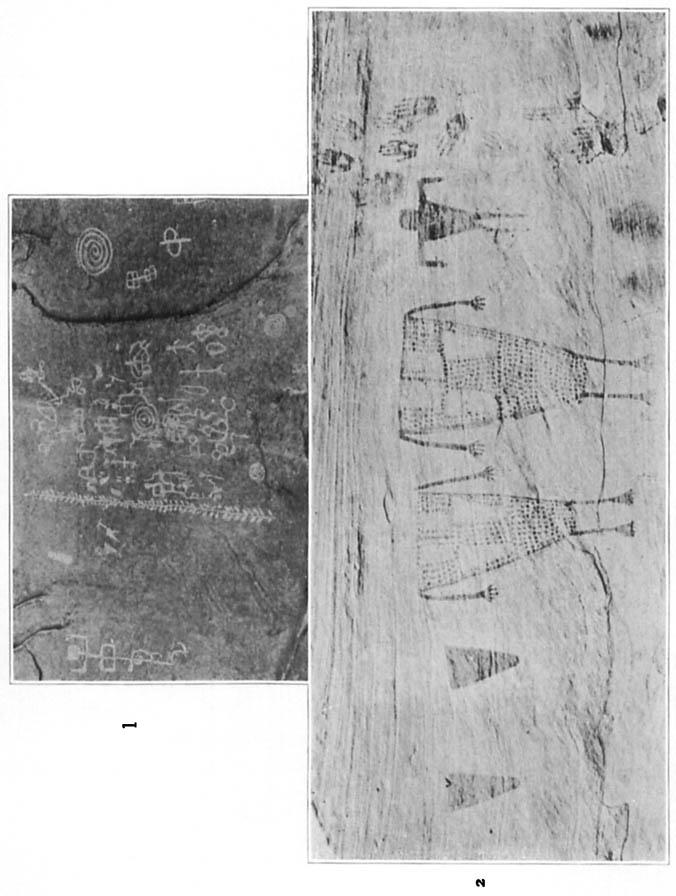 AMERICAN ANTHROPOLOGIST N. S., VOL. 6, PL. XXXlll I 2 I. Petroglypbs from the wall of a burial cave in Grand Gulch, Utah. 2. Pictographs painted on the cliff near a shallow burial cave (" Princess Cave "), Grand Gulch, Utah.