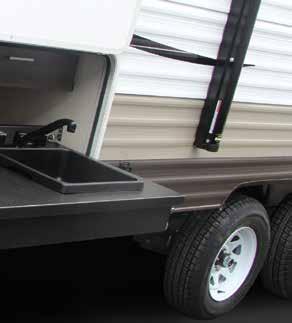 linoleum flooring Manual awning Bedspread for main bed POPULAR OPTIONS Double door refer IPO single door Stabilizer jacks Range w/ oven IPO cook top Spare tire & carrier Ducted A/C Outside camp