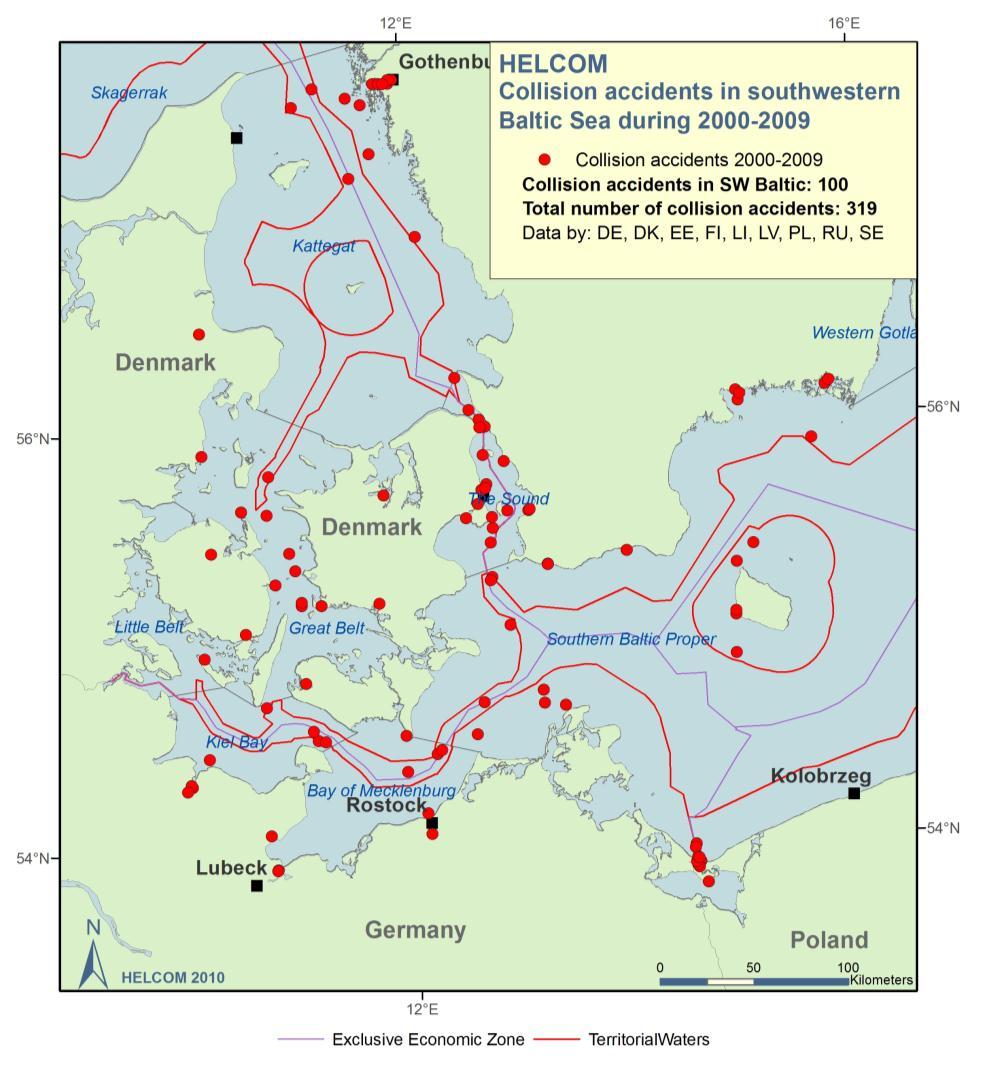 An increasing number of collisions have been reported in the southwestern Baltic Sea, including the Danish straits since 2007 (Figures 29 and 30).