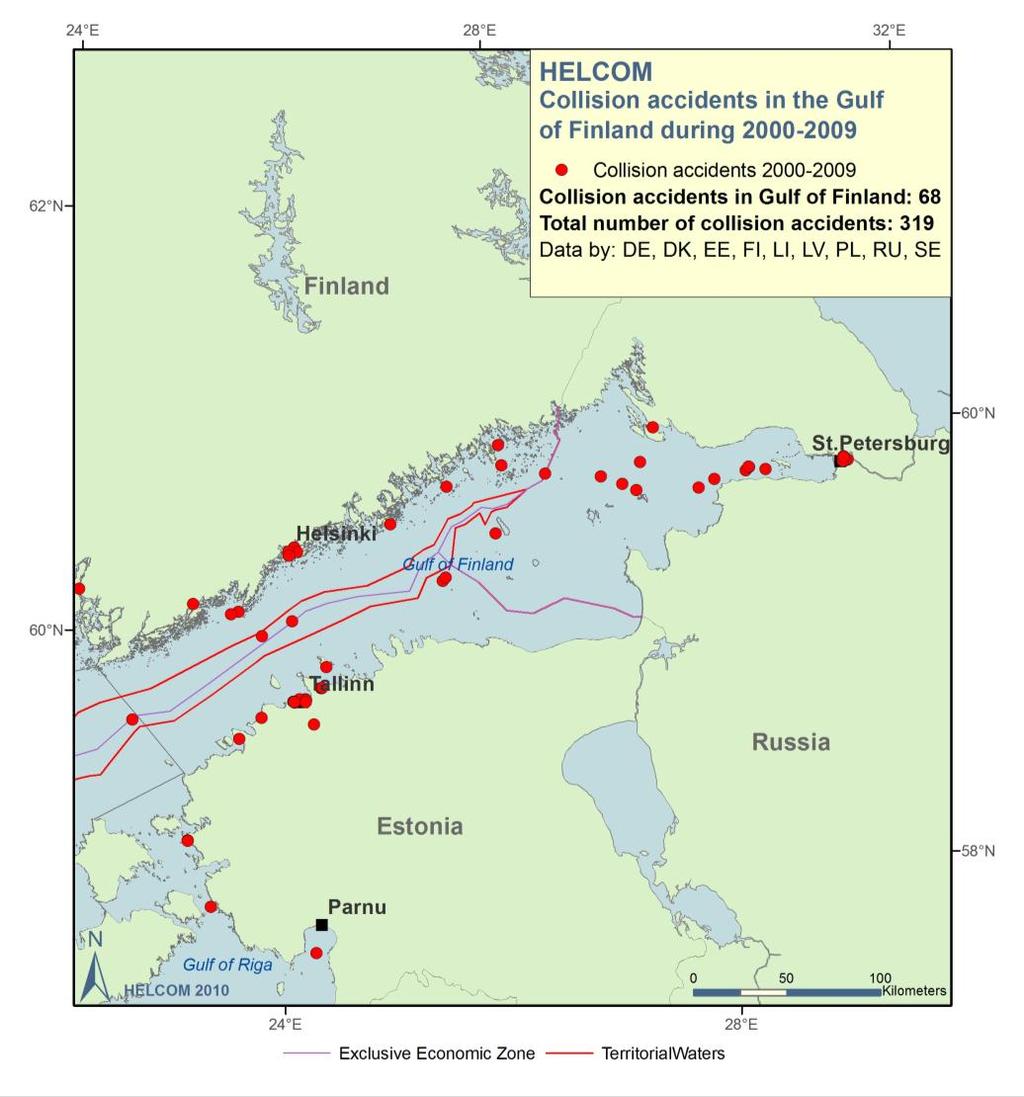 Out of a total of 34 collisions in 2009, only one was reported to have occurred in the Gulf of Finland (Figures 31).