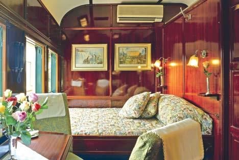 Each sleeping carriage has three Deluxe Suites (118 square feet with shower), two Royal Suites (172 square feet with bathtub and shower), or five Pullman Suites (75 square feet with shower).