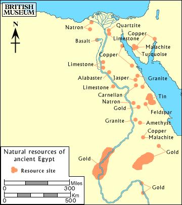 Natural Resources map of Ancient Egypt. Note that all resource deposits are located immediately west of the Nile River Valley, or to its east in the mountains.