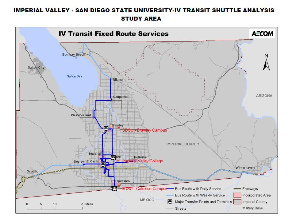 Purpose of Study: Assess the feasibility of an inter-college shuttle service for three campus locations: Imperial Valley College (IVC) and SDSU campuses in the cities of Calexico and Brawley Analyze