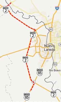 N 14 S Mexican Customs Visitors Visas Car Permits Parking TURN LEFT to Nuevo Laredo/ Monterrey Puente Internacional Solidaridad Colombia KM 33 U S A M E X I C O Toll AFTER TURN HWY 2 US Customs