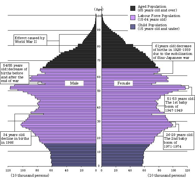Da se Japonska družba stara nazorno prikazuje tudi spodnja populacjska piramida iz leta 2000, v kateri so starejši nad 65 let