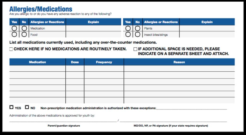 Camp No-Be-Bo-Sco 2018 Leader s Guide 10 Medications If a Scout requires medication it must be included in section B of his medical form.