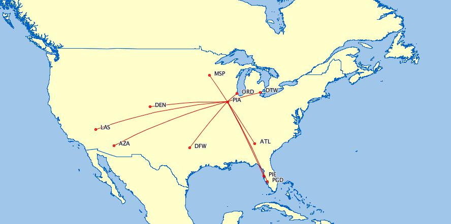 PIA Current Route Map The proposal seeks to improve air service to and from the Peoria and Central Illinois region by funding a market analysis study to determine what the roadblocks are to obtaining