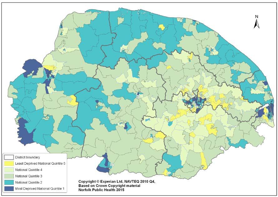Figure 5.1: national deprivation quintile for Norfolk LSOAs Index of Multiple Deprivation, 2015 Source: Norfolk Public Health, 2015 (based on English Indices of Deprivation ID2015) Figure 5.