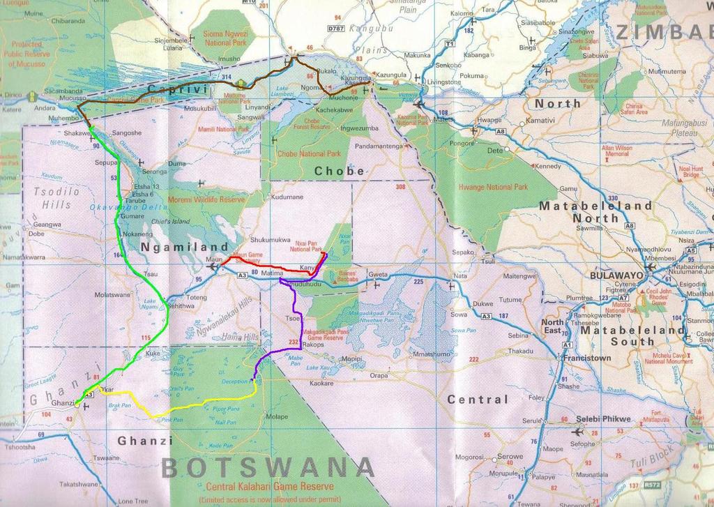 Routing of travel in Botswana: Red Day Two: Purple Day