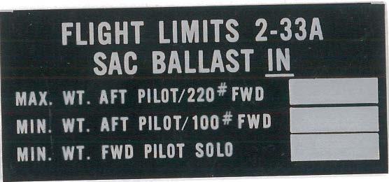 1040 lbs. 4. 5. Gross Solo flight weight from must front seat not exceed only. 1040 lbs. 5. Solo flight from front seat only. Max Weight Limit No Ballast Ballast 0 Lbs.