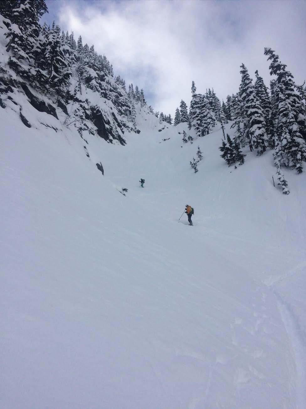 Entering the Fly Couloir. As the deep trail breaking continued, the group remained bunched up, failing to re-space. ~5-10 minutes after the initial small sluff, the loose dry avalanche hit the group.