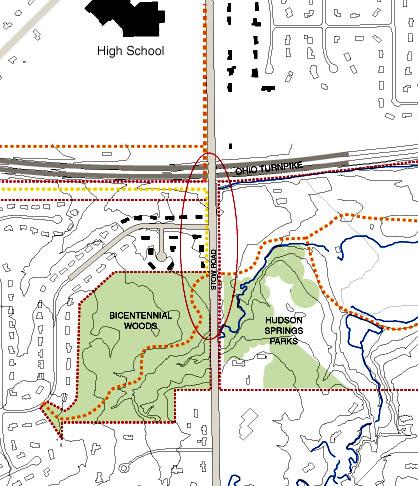 The Guidelines Bicentennial Woods Trail To provide a much needed priority connection between the Hudson High School campus and Bicentennial Wods, the existing Bicentennial Park trail should be