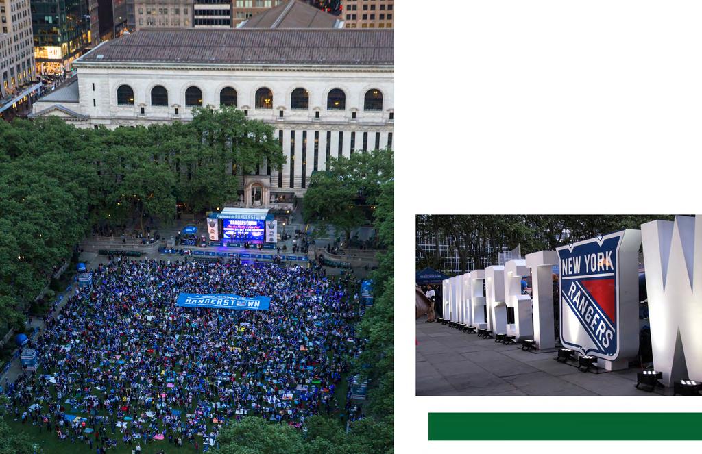LARGE SCALE SUMMER ACTIVATION NEW YORK RANGERS VIEWING PARTY AND FAN FESTIVAL Lawn & Fountain Terrace May 20, 2015 Rangerstown came to Bryant Park complete with a mini skating rink, hockey clinics,
