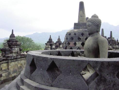 Notre Dame Cathedral, Ho Chi Minh City (left) and the stupas of Borobudur (right).