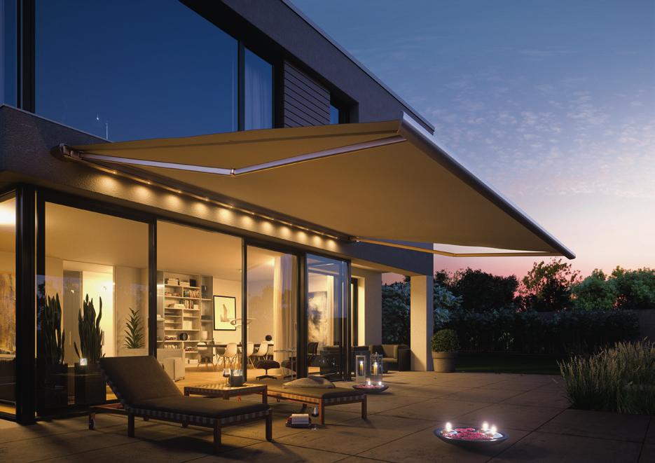 Outdoorliving This Haus awning has weather sensors and LED lights and