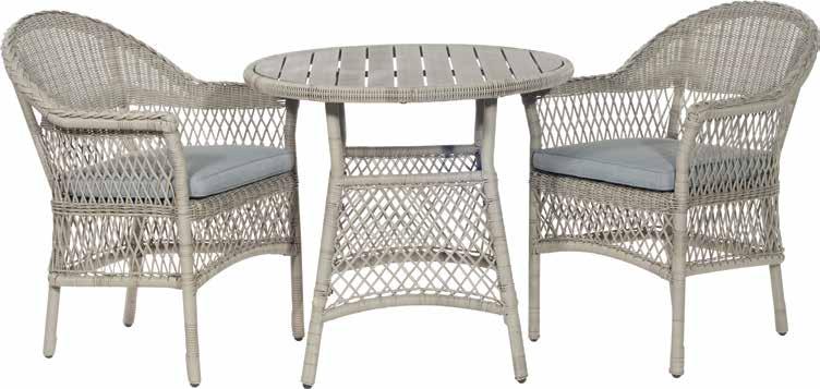 The set comprises 2 beautiful open weave design chairs in Natural Stone and a Bistro Table with open weave detail and a Polywood