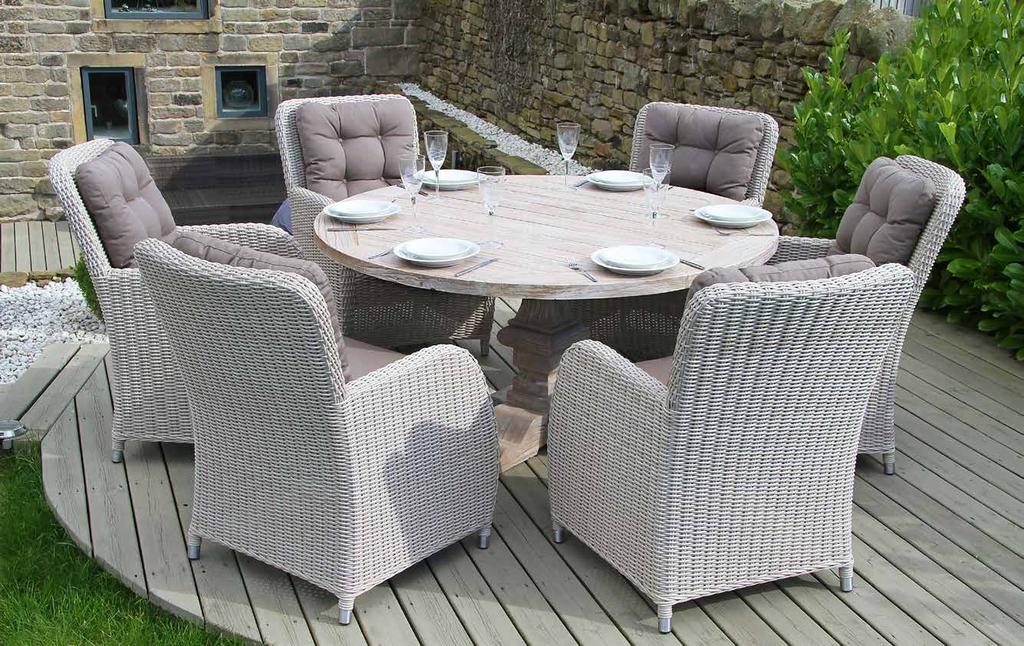 Round Castello Dining White Wash Premium Outdoor 18-077-K Set includes: 6 x Chairs, 1 x