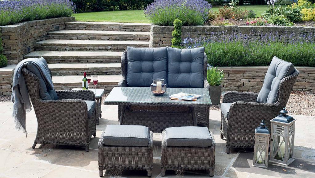 St Kitts 18-086 Set Includes: 1x Sofa, 2 x Chairs, 1 x Rectangle Glass Topped Table and 2x Footstools St Kitts Relaxed Dining - Charcoal Grey - 18-086 A classic Relaxed Outdoor Dining solution, the