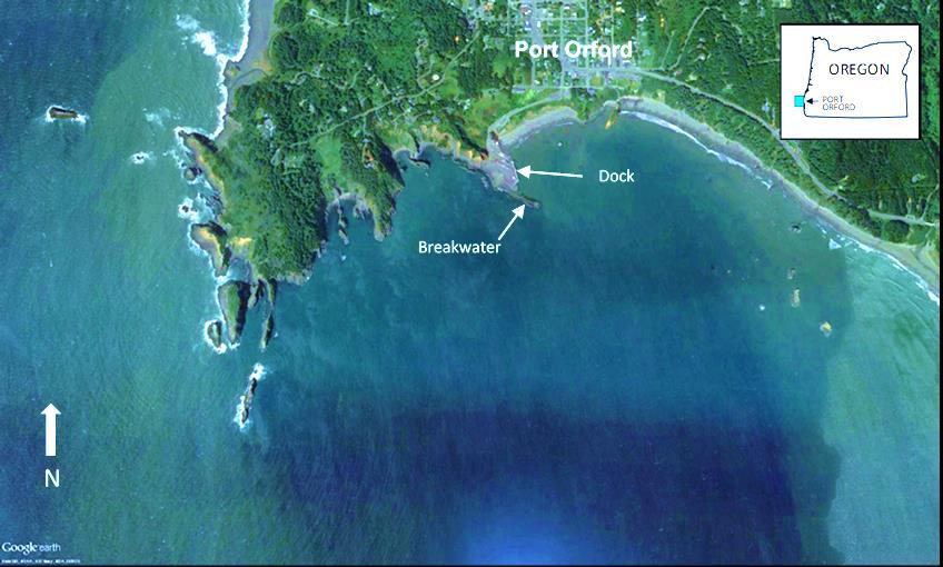 that has been in operation since 1930. The Port is a critical harbor of refuge. Figure 1. Port of Port Orford, location along the Pacific coast of Oregon, dock, and protective breakwater.