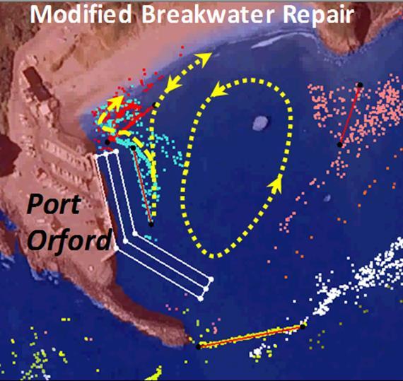 Figure 39. PTM results for sediment transport at 1530 hours, 8 June 2010 summer storm, for the Modified Breakwater Repair alternative, Port Orford, Oregon.