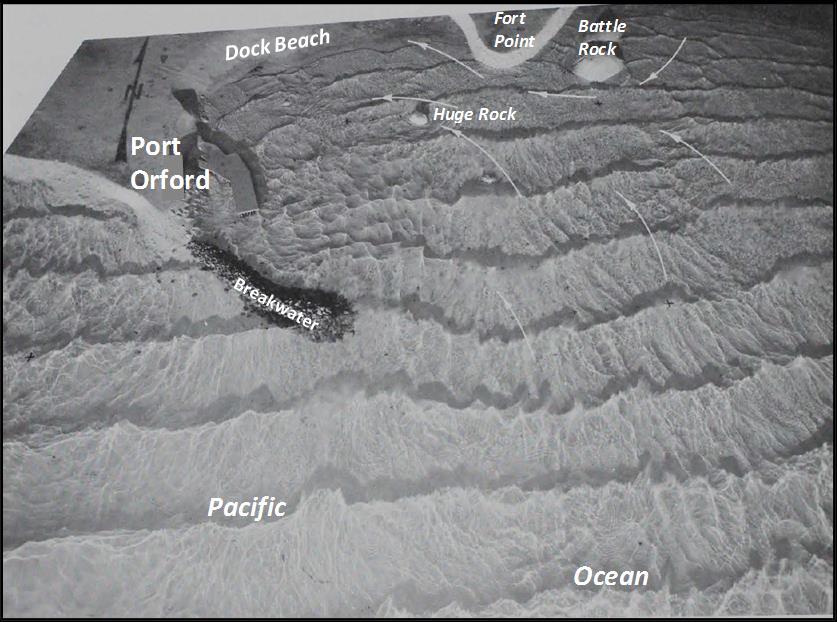 Figure 44. Wave pattern observed within the 1974 USACE model study of Port Orford. Winter waves from the south (T = 13 sec, H = 17 ft).