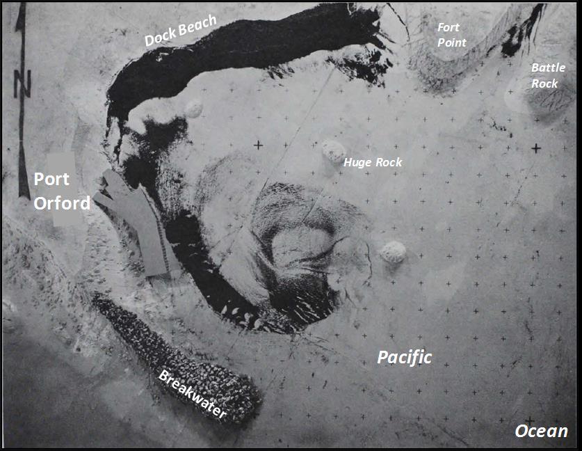 Deposition pattern of sediment tracer (coal dust) from 1974 USACE physical model study of Port Orford. Wave action from the south (T = 13 sec, H = 17 ft).
