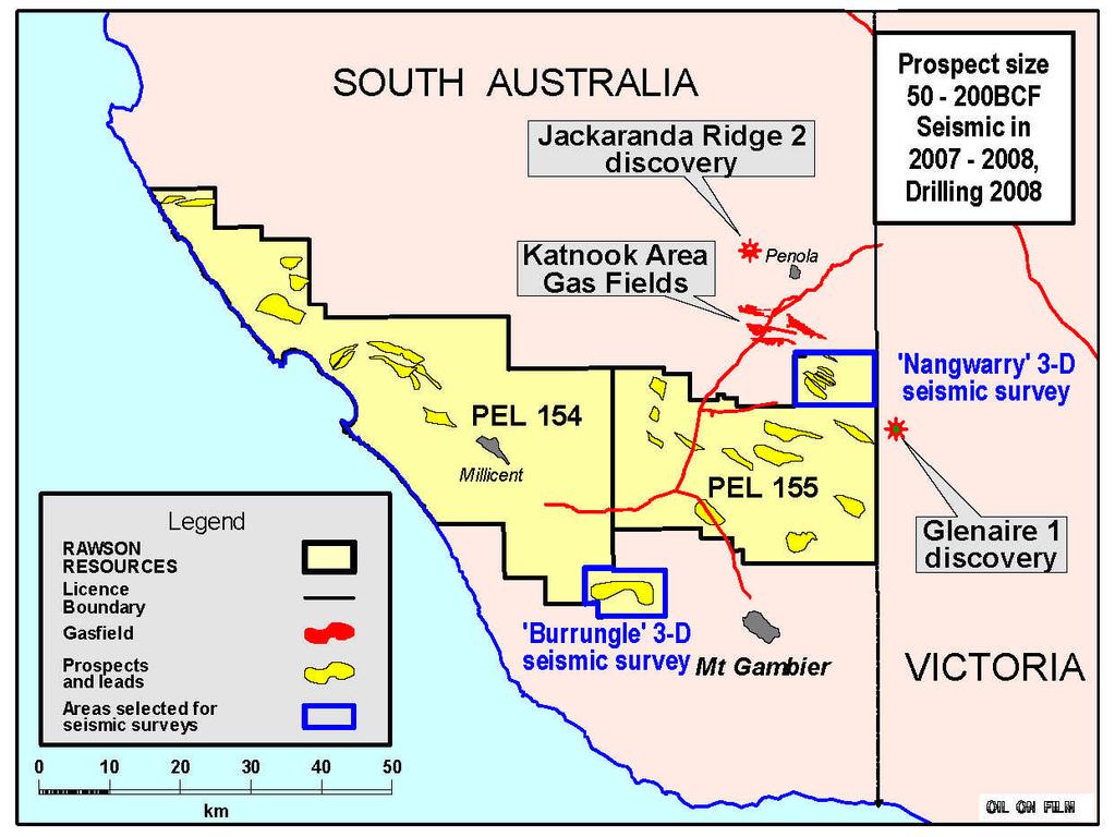 OTWAY BASIN PEL 154 and PEL 155 Rawson completed the Nangwarry and Burrungle seismic acquisition in February 2008. This $2 million programme was paid for by Hardie Energy Pty.
