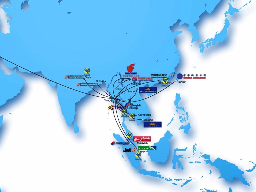 International Air Routes to Myanmar 11 China southern Airlines 17 Malaysian Airlines 12 Dargon Air 18 Malindo 13 Jet star Asia 19 Myanmar Airways 14 Korean Air International 15 Malaysia Airlines 20