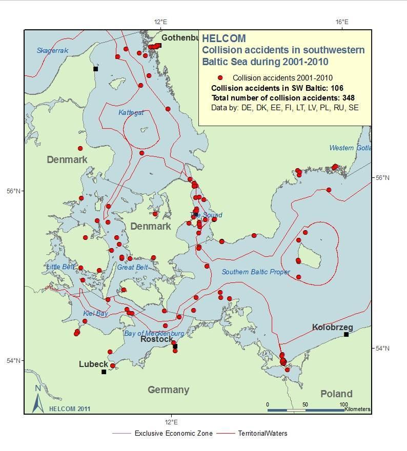TThe southwestern Baltic Sea, including the Danish straits has been one of the hot spots for collisions in the Baltic, with the number of collision accidents growing until 2009.