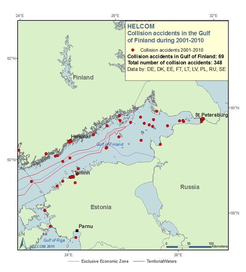 There had been a drastic reduction in the number of collisions occurring in the Gulf of Finland during previous years, but in 2010 the number of collisions increased again, however by a few cases