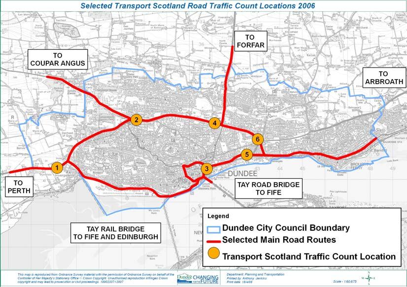 Map 9: Selected Dundee City Transport Scotland Traffic Count Stations 2006 Table 33: Selected Dundee City Traffic Count Station Results 2006 Map Site Reference Site Location annual average daily -