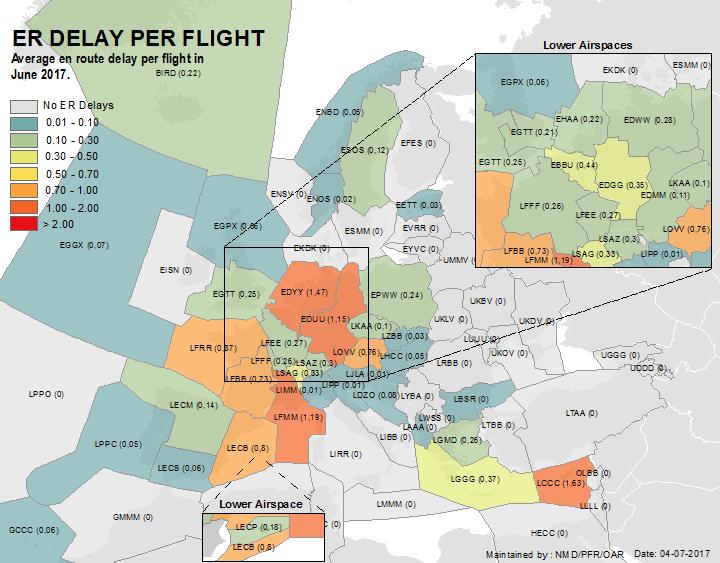 EN-ROUTE ATFM DELAY PER FLIGHT En-route delay per flight (min) 2, 1,5 1,,5, 1,63 1,47 1,19 1,15 Top 2 delay locations for en-route delays in June 217,87,8,76,73,44,37,35,33,3,28,27,26,26,25,24,22