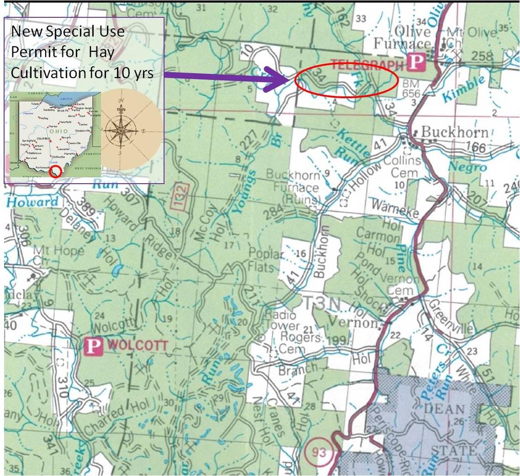 Proposed Project 4: Cultivation Issue new 10-year permit for Hay (4). The proposal is to issue a 10 year permit to cultivate hay on 14.8 acres bisected by Lawrence County Roads 10 & 34.