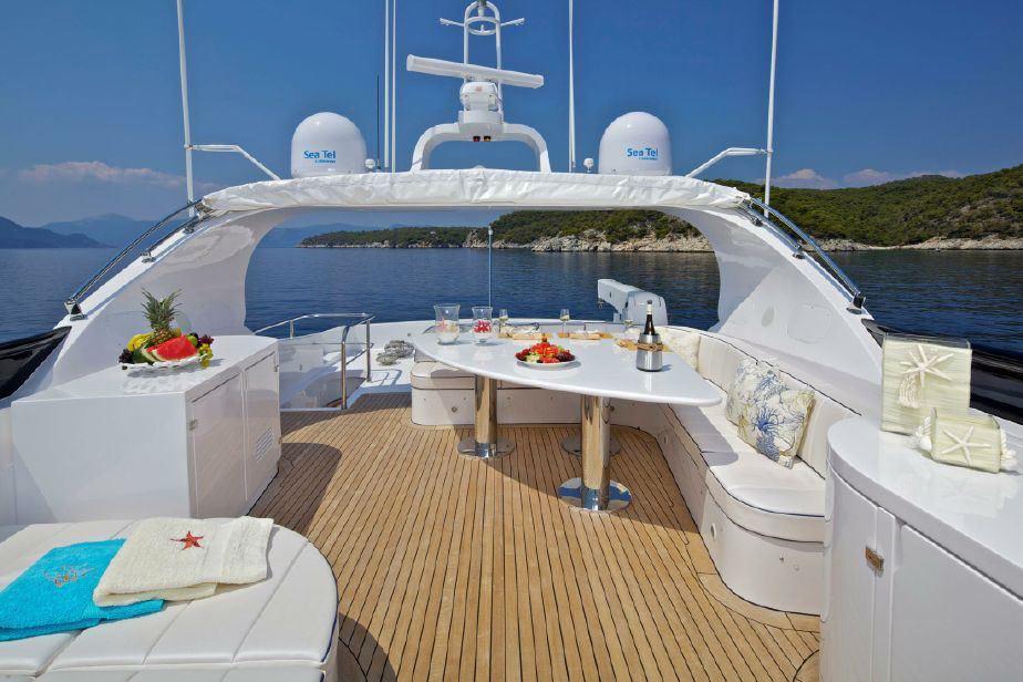 FLY DECK: While underway or at anchor, Thunder's guests can enjoy the sun and the scenery on her luxury fly-deck space.