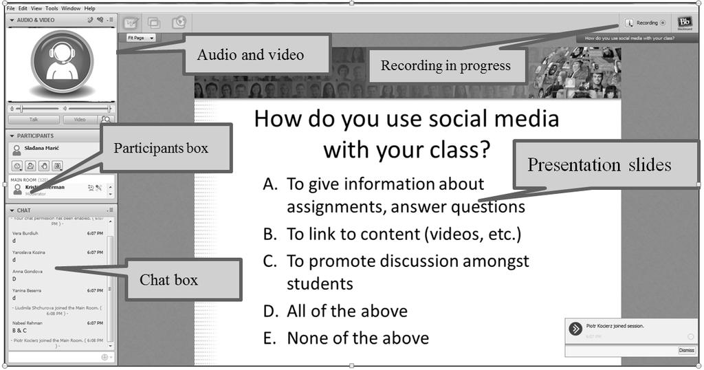 Picture 2. OUP Webinar - screenshot using PC showing video of the presenter, slides, participants' box, chat box.