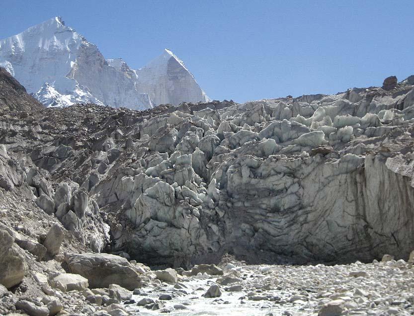 Crevasses and cracks at the snout of the Gangotri Glacier. As the snout ice is fragile, large chunks of ice some times break off from the glacier mass, causing the backward movement of the snout.