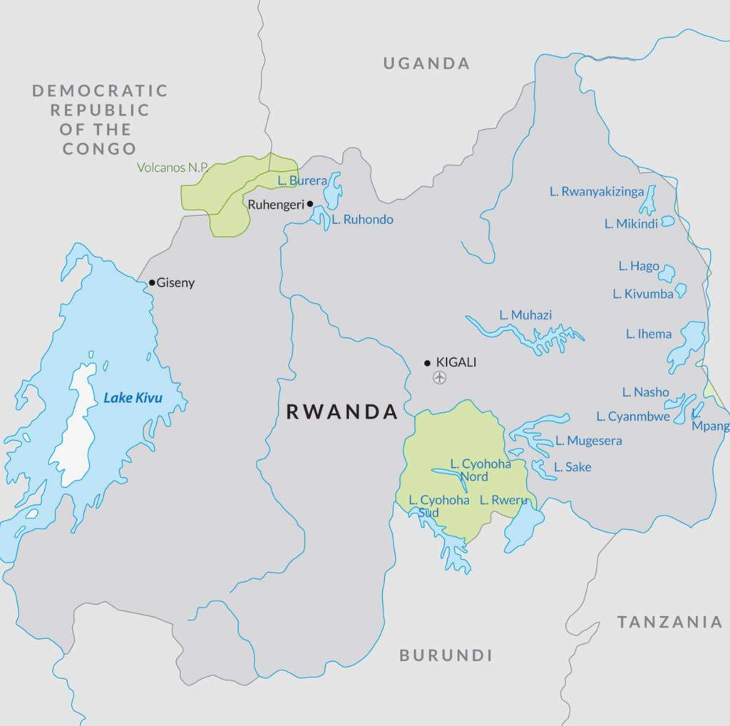 RWANDA Rwanda, The Land of a Thousand Hills, is a land of great diversity and beauty. It has 6 volcanoes, 23 lakes and numerous rivers, some forming the source of the great River Nile.