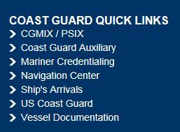 Figure 2-36 Homeport Footer The Coast Guard Quick Links are located in the footer as well and allow the user quick access to: CGMIX/PSIX, Coast Guard Auxiliary, Mariner Credentialing, Navigation
