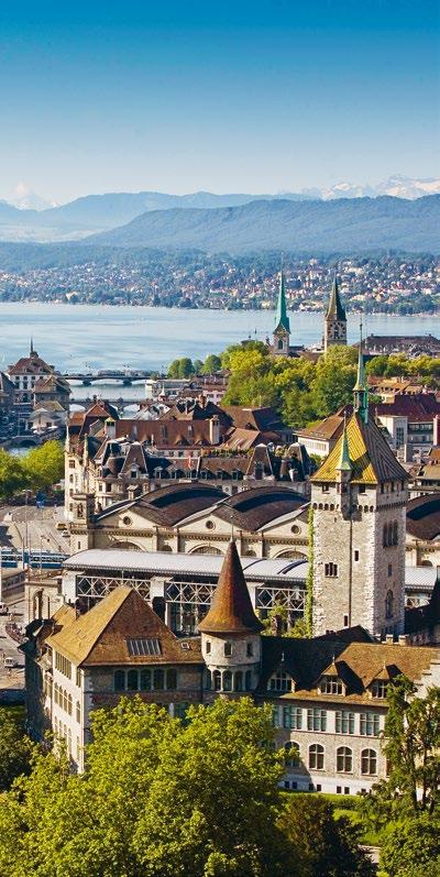 Huldrych Zwingli once preached Continue to Lake Zurich with a beautiful view of the Alps Bahnhofstrasse, Zurich s world-famous shopping street Pass the Swiss business and financial center at