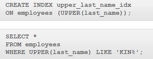 LOWER(column_name) službenim rečima dopuštaju pretrage zavisne od veličine slova Ako se ne zna kako se unelo prezime zaposlenog u db, može se koristiti indeks unosom uppercase u SELECT iskazu Kada se