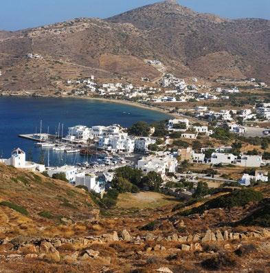 half the time General Information Port: Yialos, 1 km Chora Town Beaches: Mylopotas 2 kms town, Yialos and Ornos beach at the port, Koumbara 3kms town.