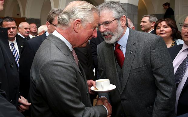 The Prince of Wales and Gerry Adams shake hands as they meet in Galway (Brian Lawless/PA) Gerry Adams accused of increasing tensions ahead of historic meeting with Prince Charles McGuinness: Prince