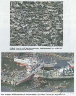 1.Hundreds cars lay in ruin after being washed away by the tsunami.. 2.