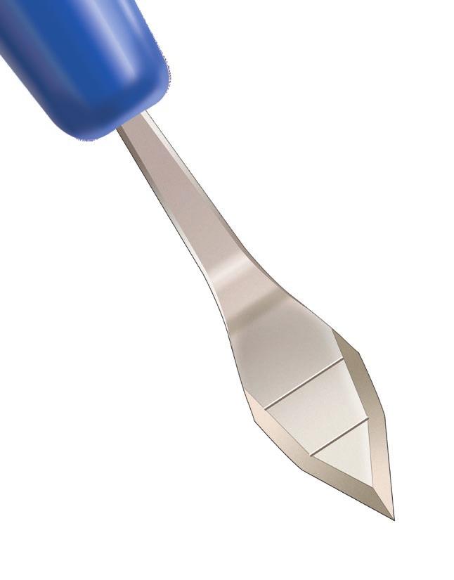 Bevel-Up Sharpoint ClearTrap knives feature a trapezoid shape design containing patented incision width indicators visible on