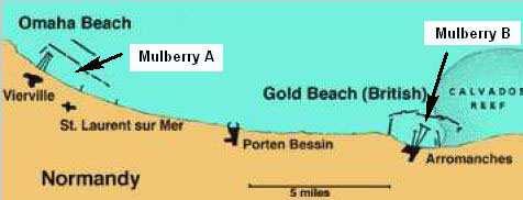 The artificial harbor created off Omaha Beach, called Mulberry A was constructed by American forces; the other one, Mulberry B, by the British.